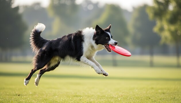 Border collie catching a frisbee in a sunny park for an active lifestyle concept, showcasing animal agility and outdoor play in a cinematic green meadow