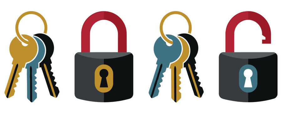 Locked and unlocked padlocks with keys different colors.