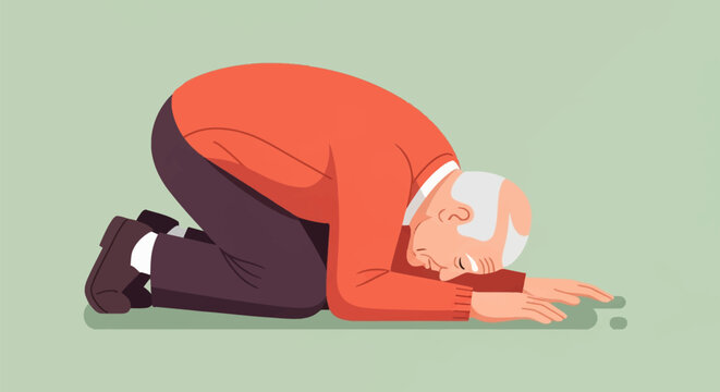 A vector illustration of an elderly man with white hair wearing an orange sweater and dark pants, prostrating or kneeling on his hands and knees on a plain green background.