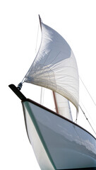 Fototapeta premium Isolated modern sailboat bow with billowing white sails under bright sun, low angle view