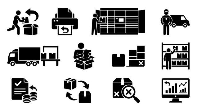 Returns and Refund Process Silhouette Set &ndash; Reverse Logistics, Exchange, Return Icons
