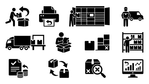Returns and Refund Process Silhouette Set &ndash; Reverse Logistics, Exchange, Return Icons