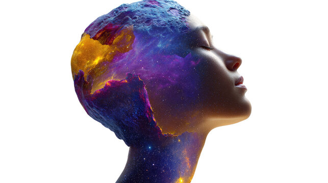 Mindscape: A striking portrait showcasing a person's profile interwoven with a vibrant nebula, where ethereal colors evoke a sense of deep thought. 