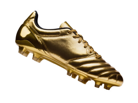 Isolated shiny metallic golden soccer cleat professional athletic football boot equipment for sport