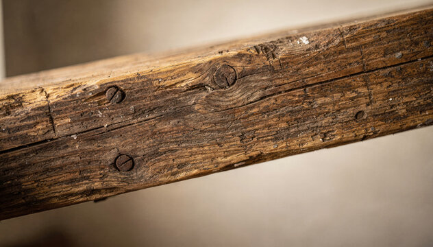 Close up of rustic weathered wooden beam with metal bolts in a vintage barn