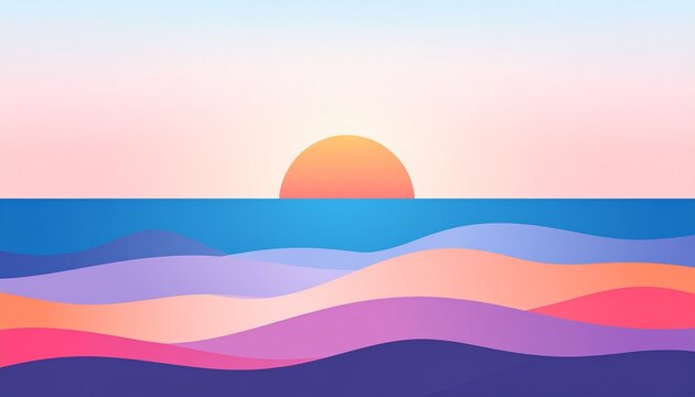 Geometric sunset over layered ocean horizon with gradient sky