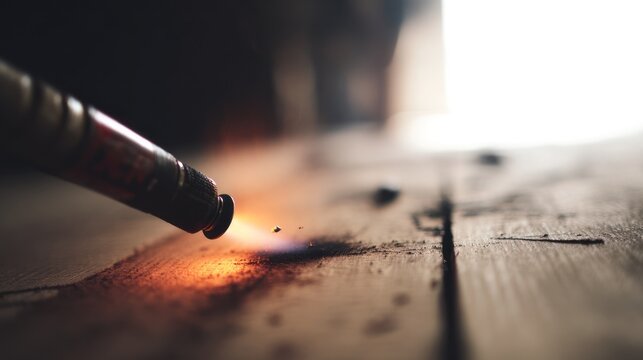 Close up of welding torch sparks on wood surface creating artistic effect