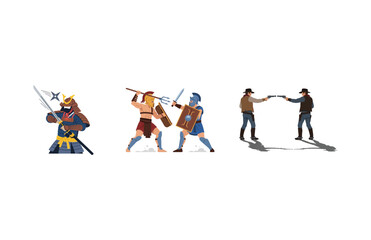 Fototapeta premium Engaging vector collection of historic combatants and modern duels, illustrating diverse fighting styles and showdowns