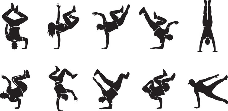 Breakdance Freeze Silhouette Icon Set - 10 Urban B-Boy Poses.