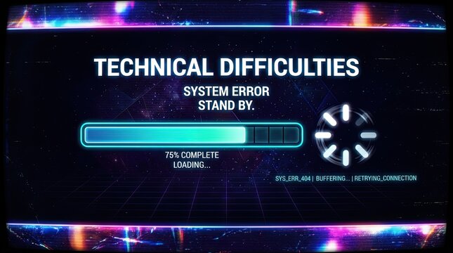 Technical difficulties screen with a loading bar and system error message displayed on a retro vintage style television monitor display