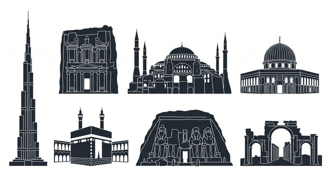 Arabian Heritage Structures: Burj Khalifa, Petra, Hagia Sophia and Kaaba Silhouette Graphic Kit for Middle Eastern Cultural Design