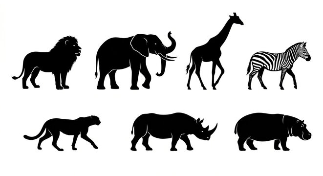 Big Five and Beyond: Lion, Elephant, Giraffe, Cheetah and Zebra Wildlife Silhouette Icon Bundle for African Safari and Nature Branding