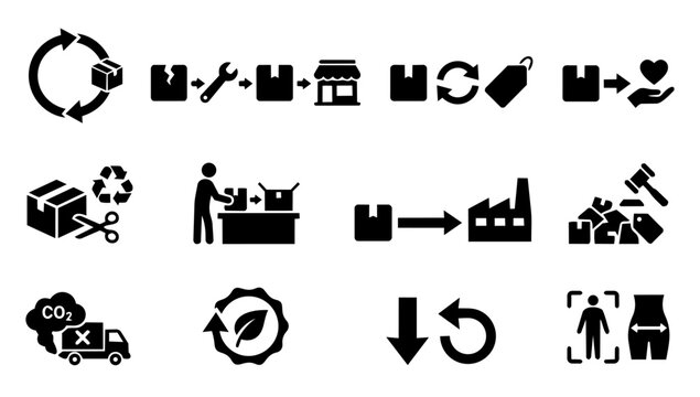 Sustainable Returns Silhouette Set &ndash; Circular Economy, Recommerce, Reverse Logistics Icons