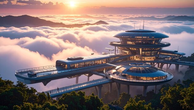 Futuristic airport terminal floating above clouds at sunrise with passenger train