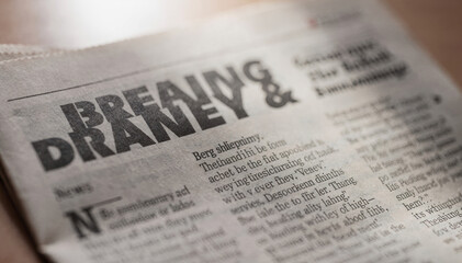 Fototapeta premium Close up view of printed newspaper headlines and article text on paper