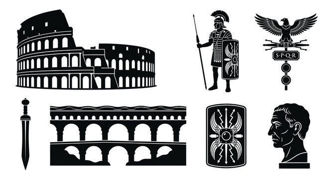 Imperial Rome Motifs: Gladius Sword, Colosseum, Roman Eagle and Soldier Cutout Silhouette Set for Historical Illustration Use