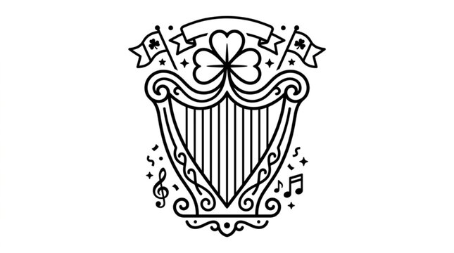 Stylized shamrock harp symbol with musical notes and ribbons representing irish culture and heritage