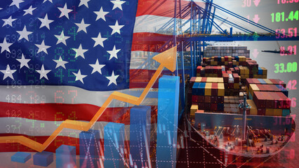 Obraz premium The growth of U.S. maritime logistics and trade, illustrated by the American flag, cargo ships, port cranes, and soaring financial charts. A boom in the maritime import and export sector.