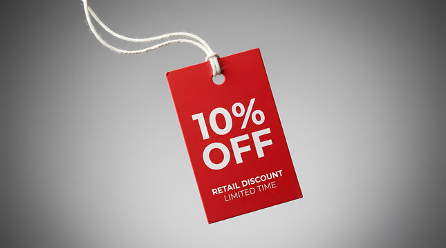 Red discount tag offering ten percent off on retail sale