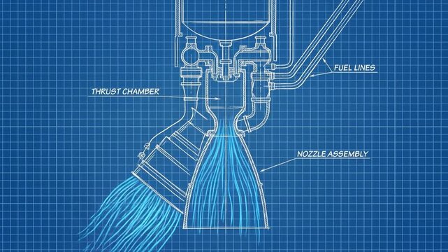 Animated Rocket Engine Blueprint with Glowing Thrust on Grid Background for Engineering