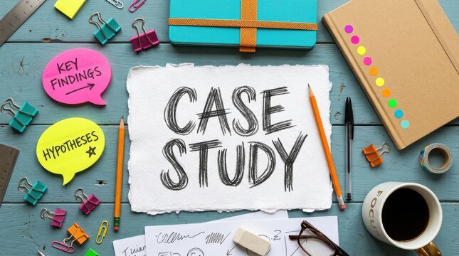 Handwritten case study text on a textured paper sheet surrounded by colorful office supplies and stationery on a wooden desk