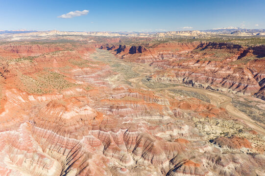 Aerial view of dry landscape over the Lower Hackberry Canyon, Utah, USA.