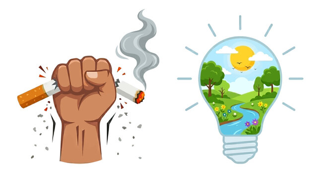 A powerful image depicting a fist crushing a cigarette next to a lightbulb containing a lush natural landscape, symbolizing health, environmental awareness, and sustainable living.