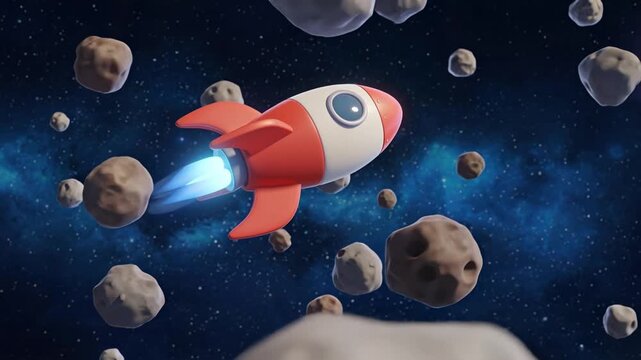 Animated Rocket Flying through Asteroid Field, 3D Animation for Technology and Gaming Concepts