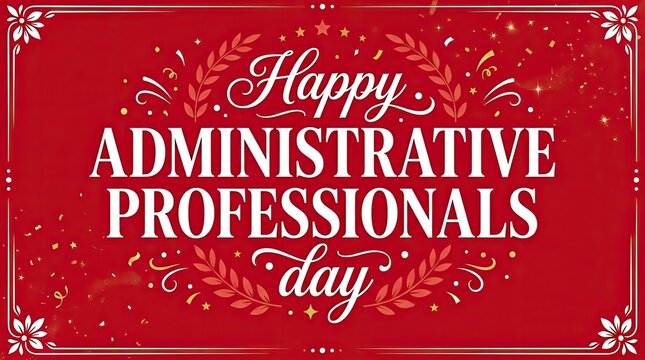 Elegant red greeting card design celebrating administrative professionals day with beautiful floral borders and festive gold confetti for office staff