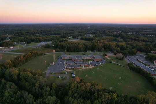 Aerial View of Soccer Fields and School at Sunset in rural Virginia