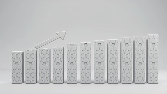 Animated white hexagonal blocks forming rising bar chart with upward arrow on clean background for business growth.