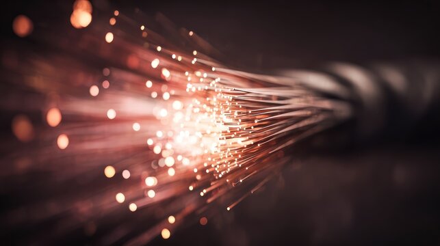 Close up of illuminated fiber optic cables for high speed data transfer