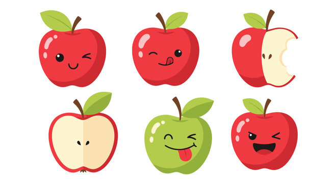 Cute Kawaii Apples with Faces, Expressions, and Bite Mark
