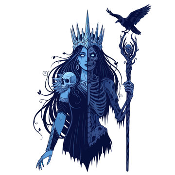 Mysterious Queen of Death with Raven and Skull Staff, Half Skeleton