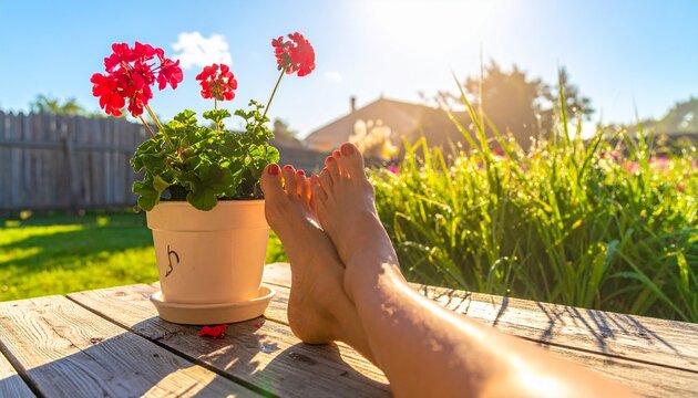 Feet relaxing on wooden deck beside blooming red geraniums in morning sunlight