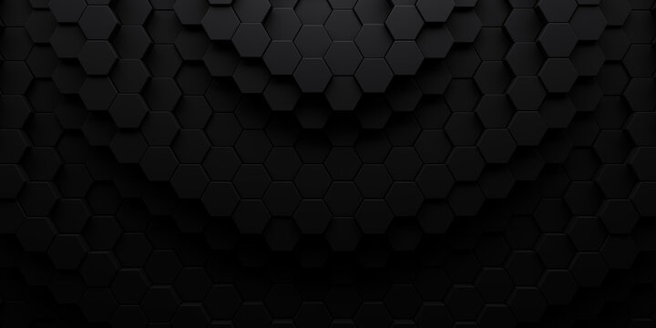 Smooth black honeycomb background of patterned hexagons. Array of 3d rendered hex shapes creating a visual of a sleek, dark, shadowy pattern for futuristic, scientific, or technical backgrounds.