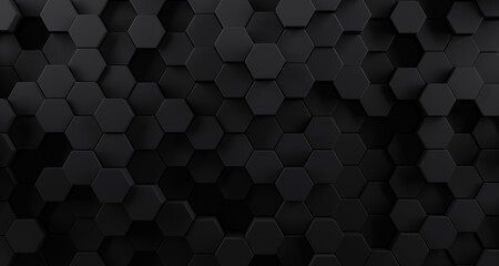 Fototapeta na wymiar Smooth black honeycomb background of patterned hexagons. Array of 3d rendered hex shapes creating a visual of a sleek, dark, shadowy pattern for futuristic, scientific, or technical backgrounds.