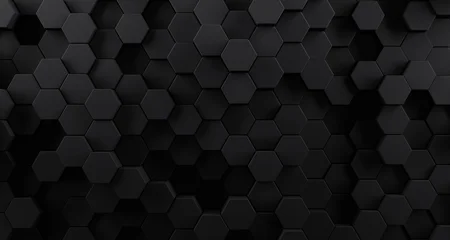 Smooth black honeycomb background of patterned hexagons. Array of 3d rendered hex shapes creating a visual of a sleek, dark, shadowy pattern for futuristic, scientific, or technical backgrounds. © Leigh Prather