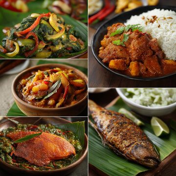 Kerala Sadhya Meal with Rice and Traditional Curries Served on Banana Leaf