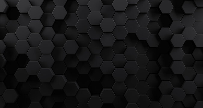 Smooth black honeycomb background of patterned hexagons. Array of 3d rendered hex shapes creating a visual of a sleek, dark, shadowy pattern for futuristic, scientific, or technical backgrounds.