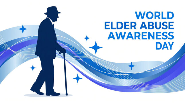World elder abuse awareness day banner with silhouette of an elderly man walking with a cane