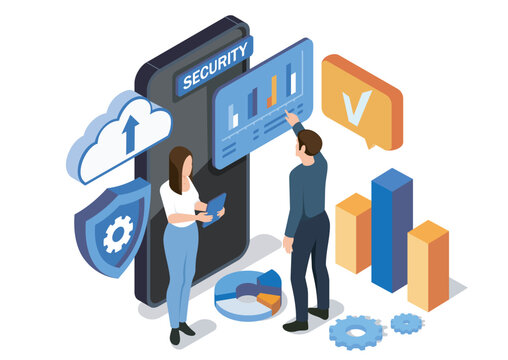 People analyzing security charts near icons in isometric style on white background, showing concept of data protection and cloud safety. Hand-drawn vector illustration
