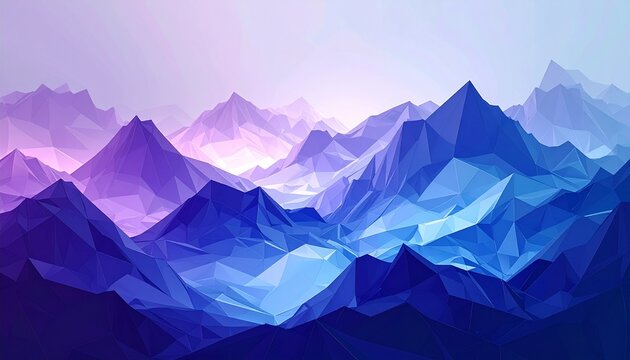 Purple mountain range at sunrise with geometric polygon texture and soft light