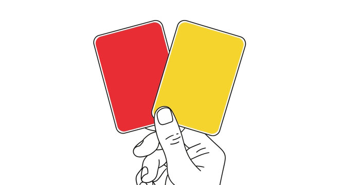 Hand holding red and yellow soccer cards, referee's decision, game penalty, white background