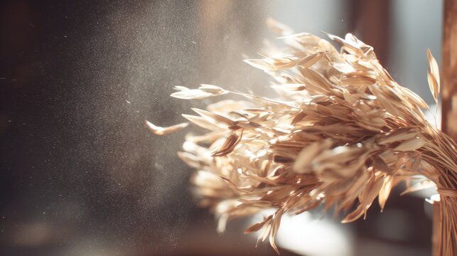 Close up of golden wheat sprigs with backlighting and blurred effect