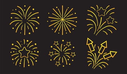 Naklejka premium Golden fireworks icons in bright line art style on a black background, symbolizing celebration and festivity, perfect for holiday concepts. Hand-drawn vector illustration