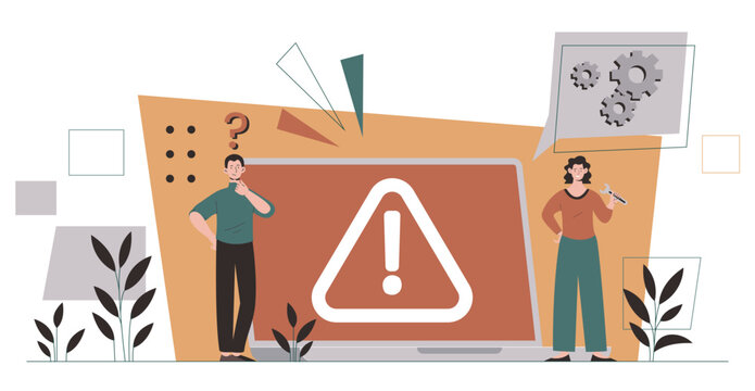 Two people near a laptop showing a warning symbol, flat graphic style on a light abstract background, concept of system error and troubleshooting. Hand-drawn vector illustration