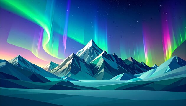 Icy mountain range under vibrant aurora borealis at night
