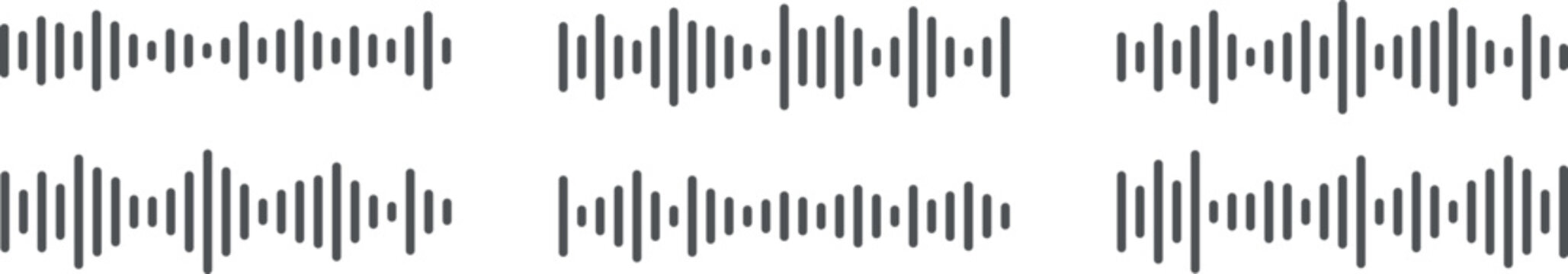 Audio waveform equalizer collection with modern sound pulse bars for music and podcast technology design. Digital voice frequency visualization set for streaming radio recording and vector artwork.