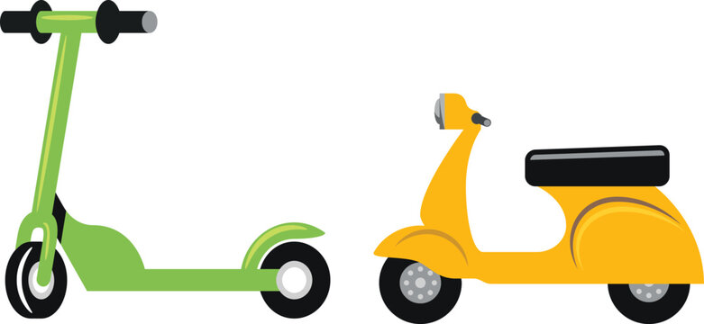 Electric scooter and retro moped vector illustration set for urban transportation and eco mobility concepts. Modern ride sharing vehicles with colorful flat design style for travel apps posters 